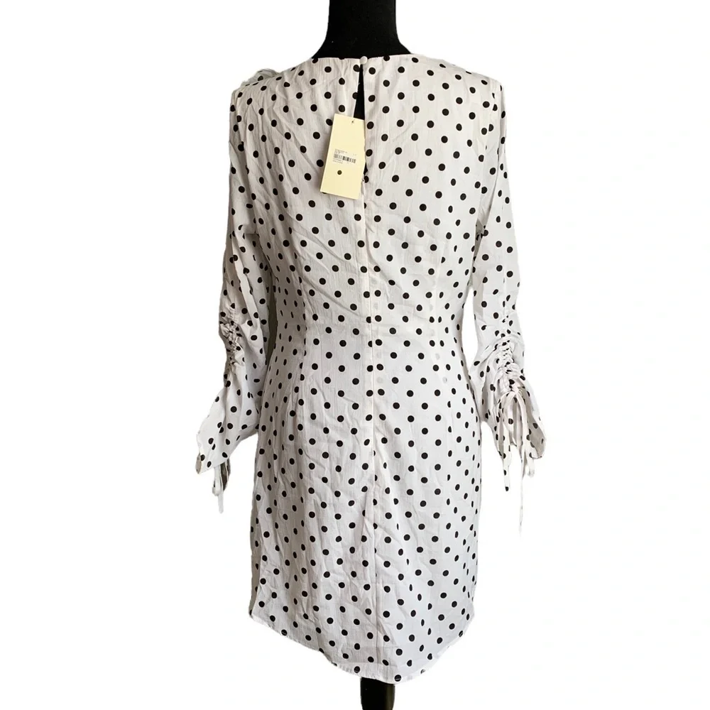 Blue Bush Black & White Polka Dot Ruffle Ruched Woven Dress Size Large